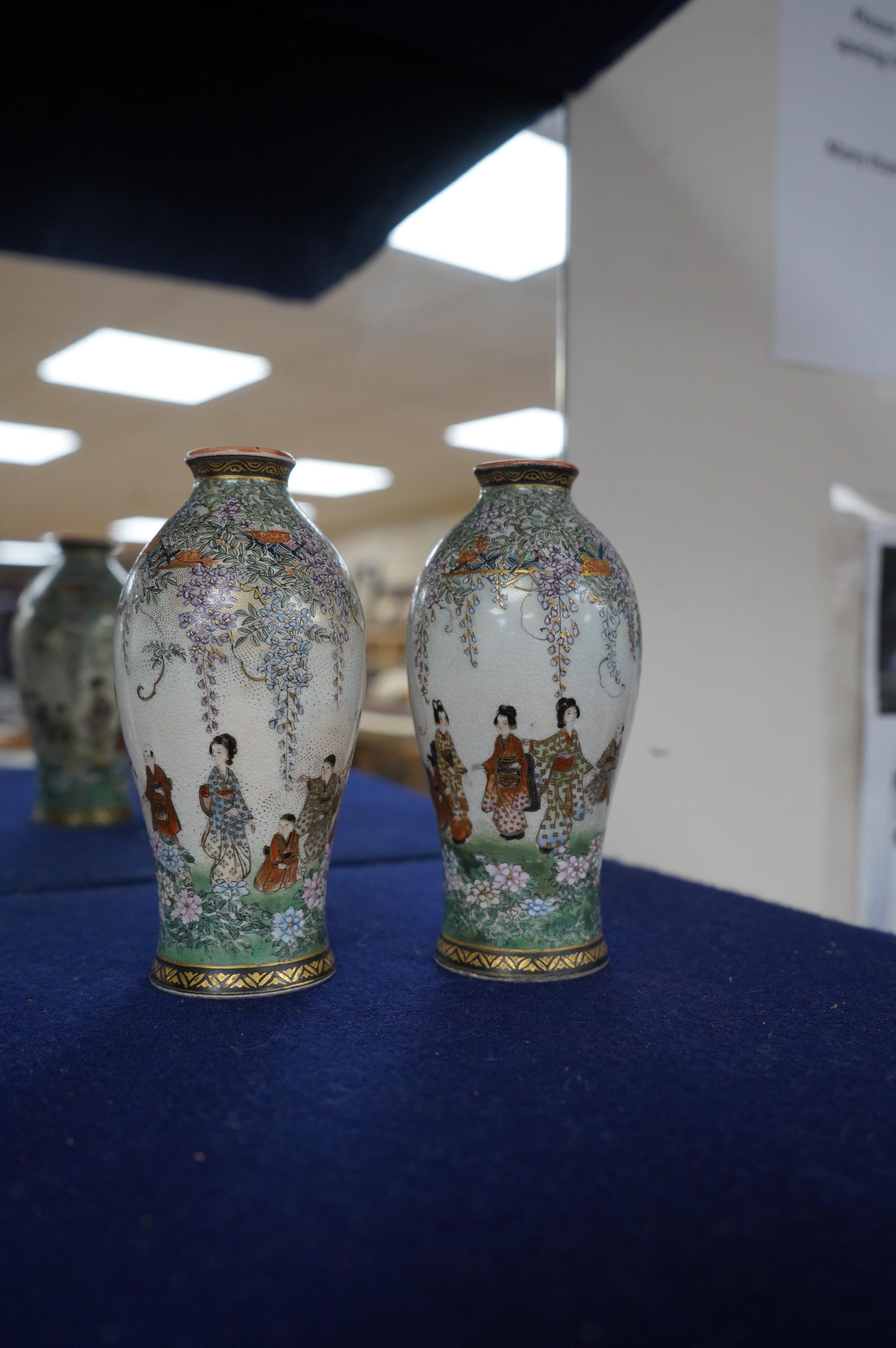 A pair of small Japanese Satsuma vases, Meiji period, 12cm high. Condition - fair, one with rim crack